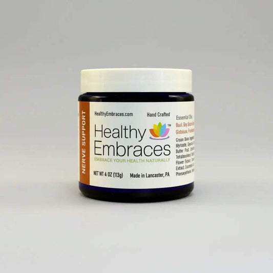 Healthy Embraces Nerve Support Cream in a 4oz jar, with smooth cream texture and natural ingredients for nerve health support.