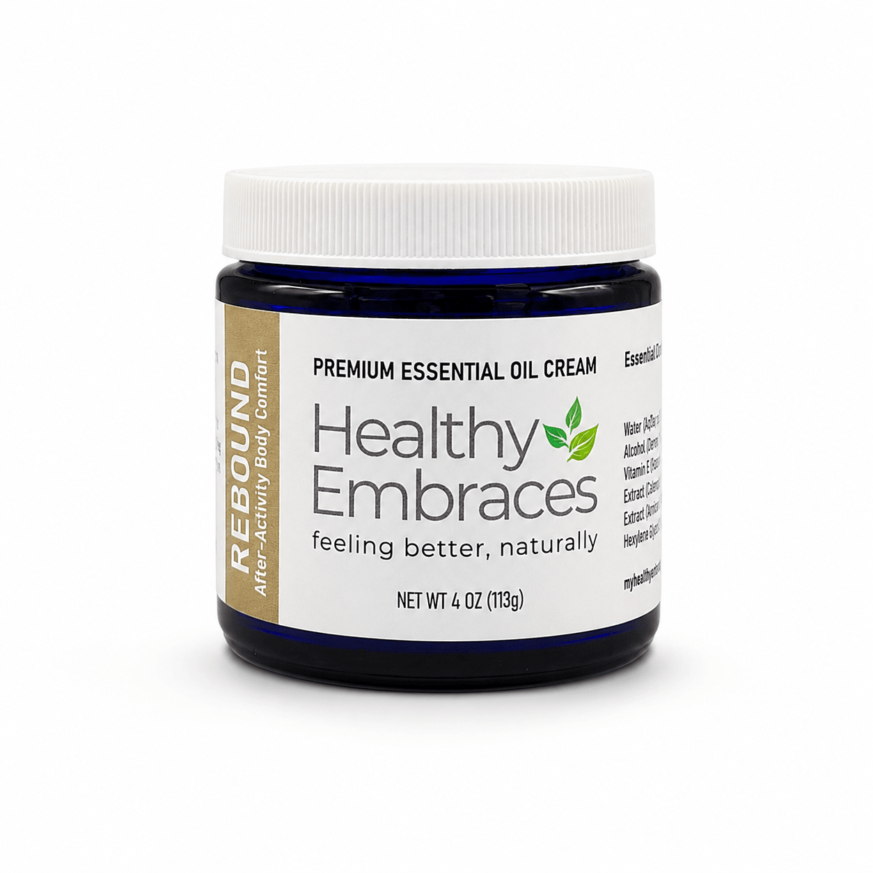 Healthy Embraces Rebound Cream in a 4oz jar, creamy texture with a smooth, soothing application for skin rejuvenation.
