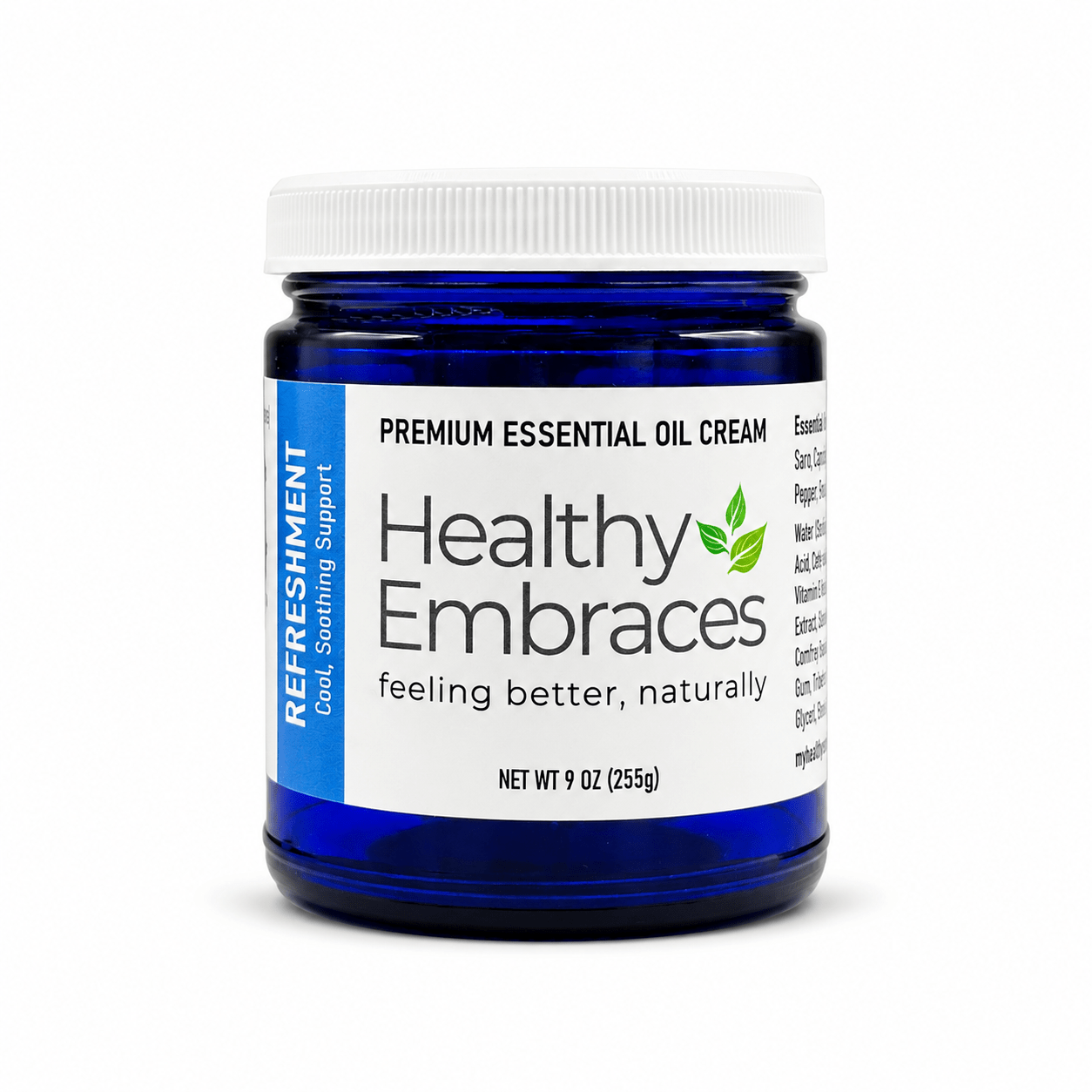 Healthy Embraces Refreshment Cream in a 4oz jar, smooth cream with a soothing, hydrating texture for skin nourishment.