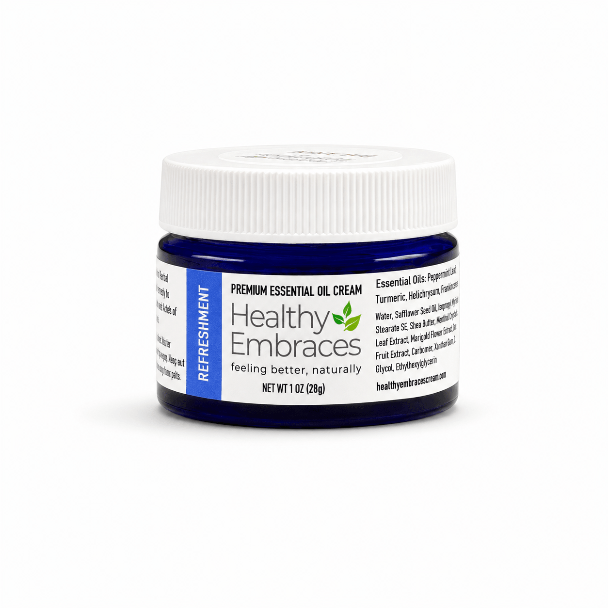 Healthy Embraces Refreshment Cream in a 4oz jar, smooth cream with a refreshing texture, ideal for skincare.