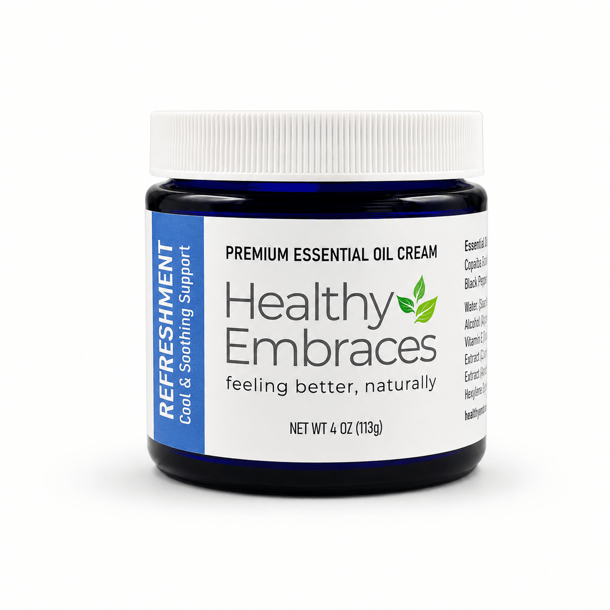 Healthy Embraces Refreshment Cream in a 4oz jar, smooth cream with a soothing, light texture and natural ingredients.