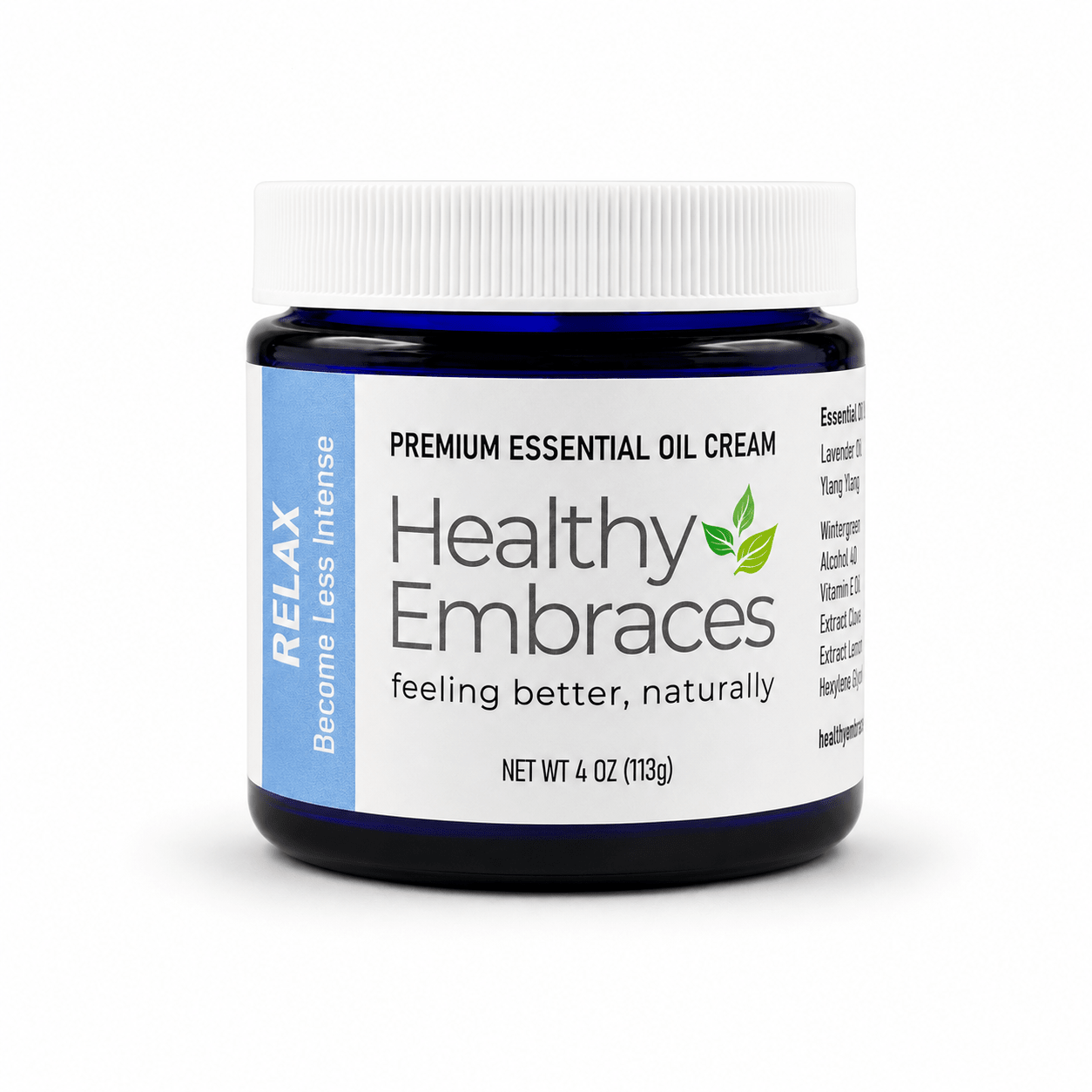 Healthy Embraces Relax Cream in a 4oz jar, creamy texture ideal for soothing and calming skin.