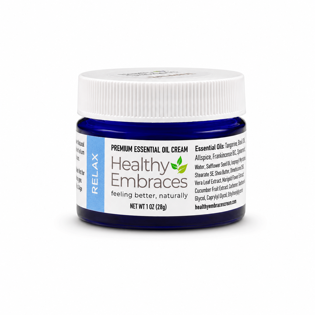 Healthy Embraces Relax Cream in a 4oz jar, creamy texture designed for relaxation and soothing skin.