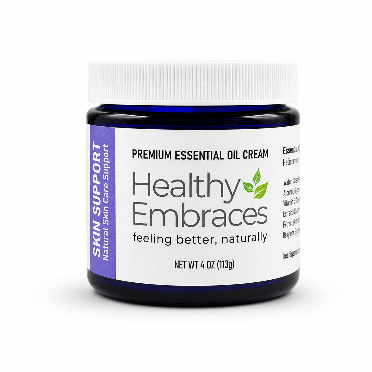 Healthy Embraces Skin Support Cream in a 4oz jar, showing the smooth, nourishing cream suitable for skin health.