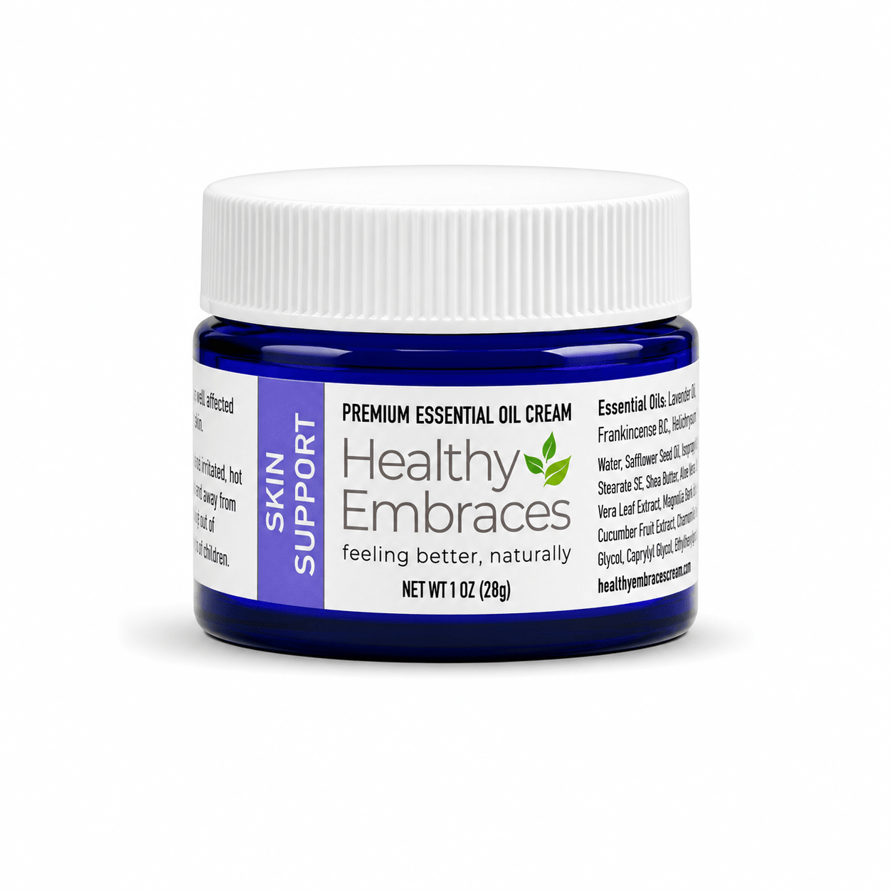 Healthy Embraces Skin Support Cream in a 4oz jar, featuring a smooth, creamy texture for skin nourishment and support.
