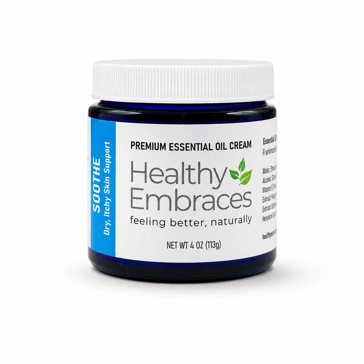 Healthy Embraces Soothe Cream in a 4oz container, showing the soothing cream product with a clean, natural packaging design.