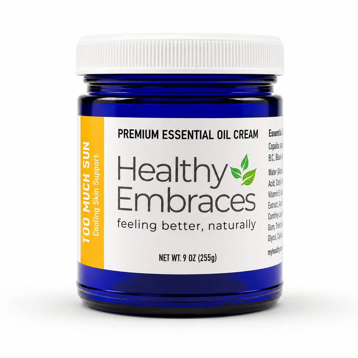 Healthy Embraces Too Much Sun Cream in a 4oz jar, creamy skincare product for sun protection and skin nourishment.
