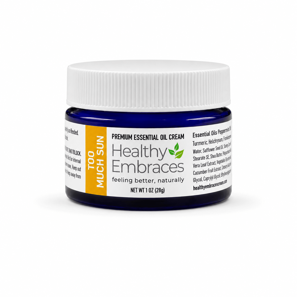 Healthy Embraces Too Much Sun Cream in a 4oz jar, creamy sunscreen for skin protection and hydration.
