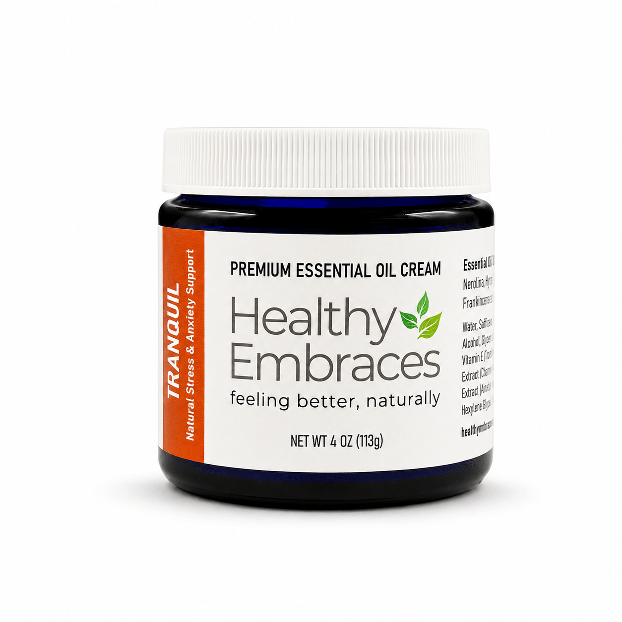 Healthy Embraces Tranquil Cream in a 4oz jar, creamy texture with soothing properties, designed for calming skincare.