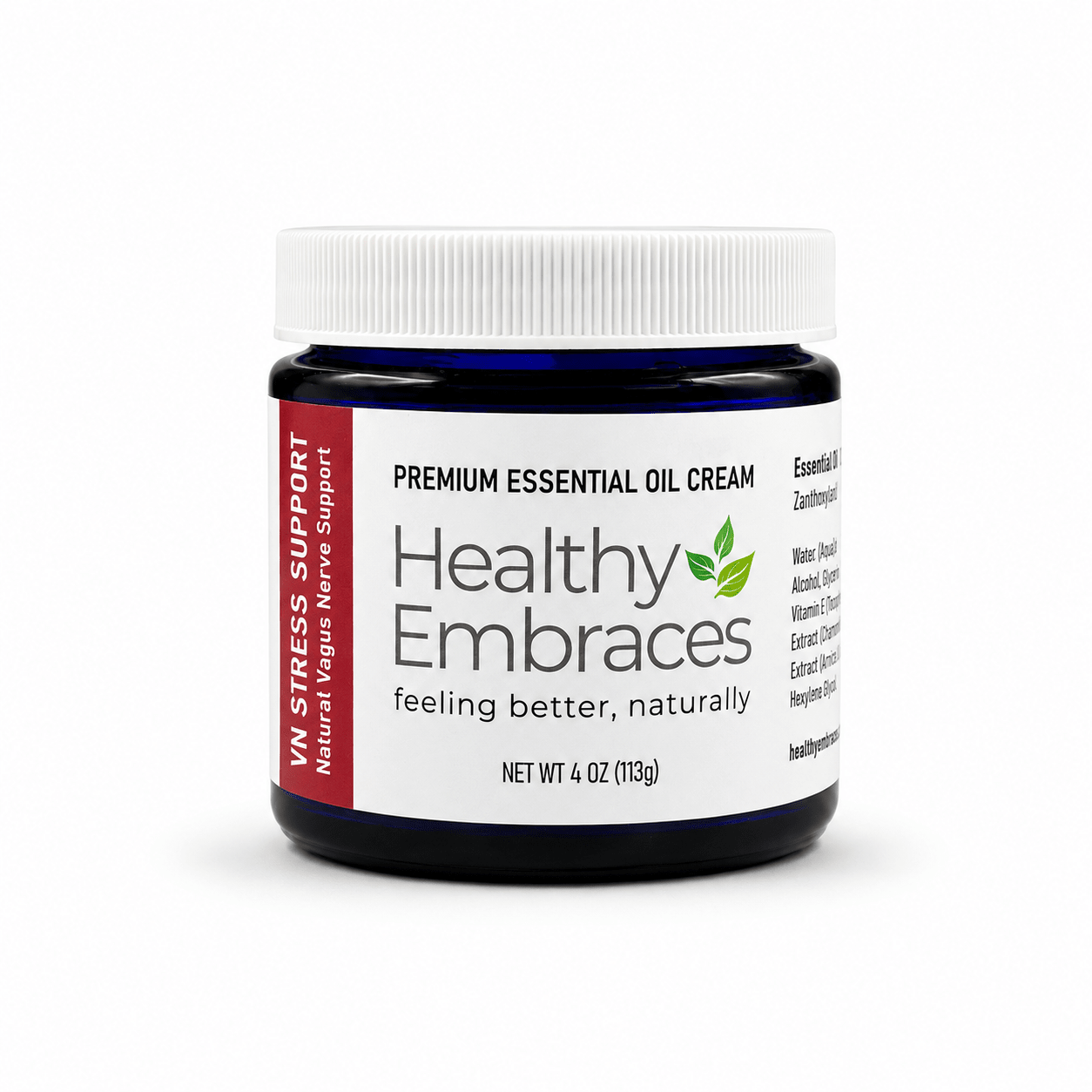 Healthy Embraces VN Stress Support Cream in a 4oz jar, featuring a creamy texture and calming herbal ingredients.
