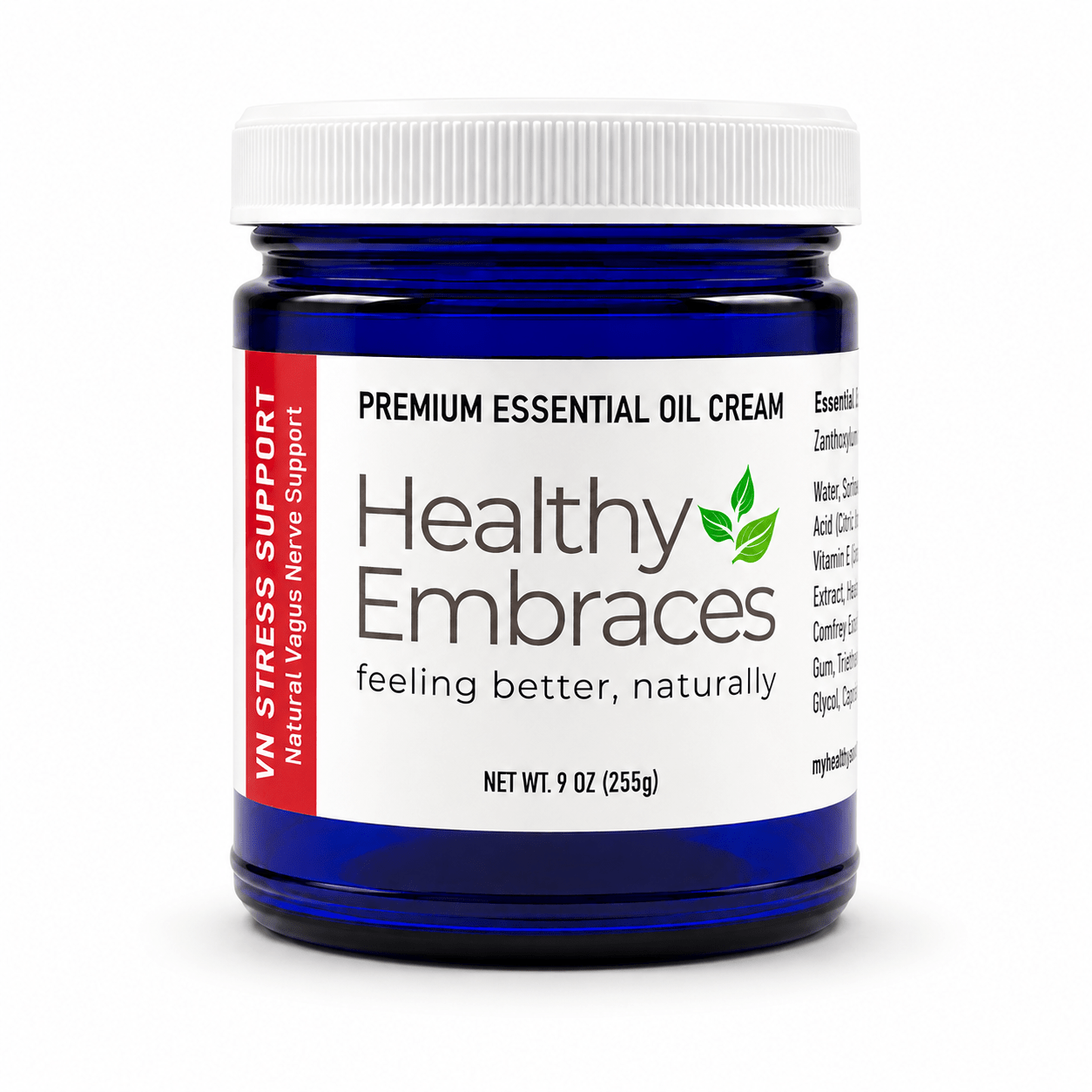 Healthy Embraces VN Stress Support Cream in a 4oz jar, creamy texture ideal for soothing and calming skin.