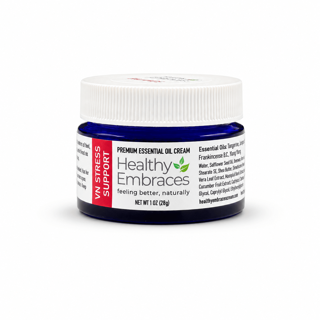Healthy Embraces VN Stress Support Cream in a 4oz jar, soft cream texture ideal for calming and stress relief.