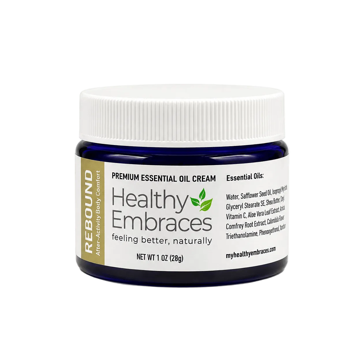 Rebound Cream by Healthy Embraces, 1oz jar of premium essential oil cream for restoring skin's elasticity.