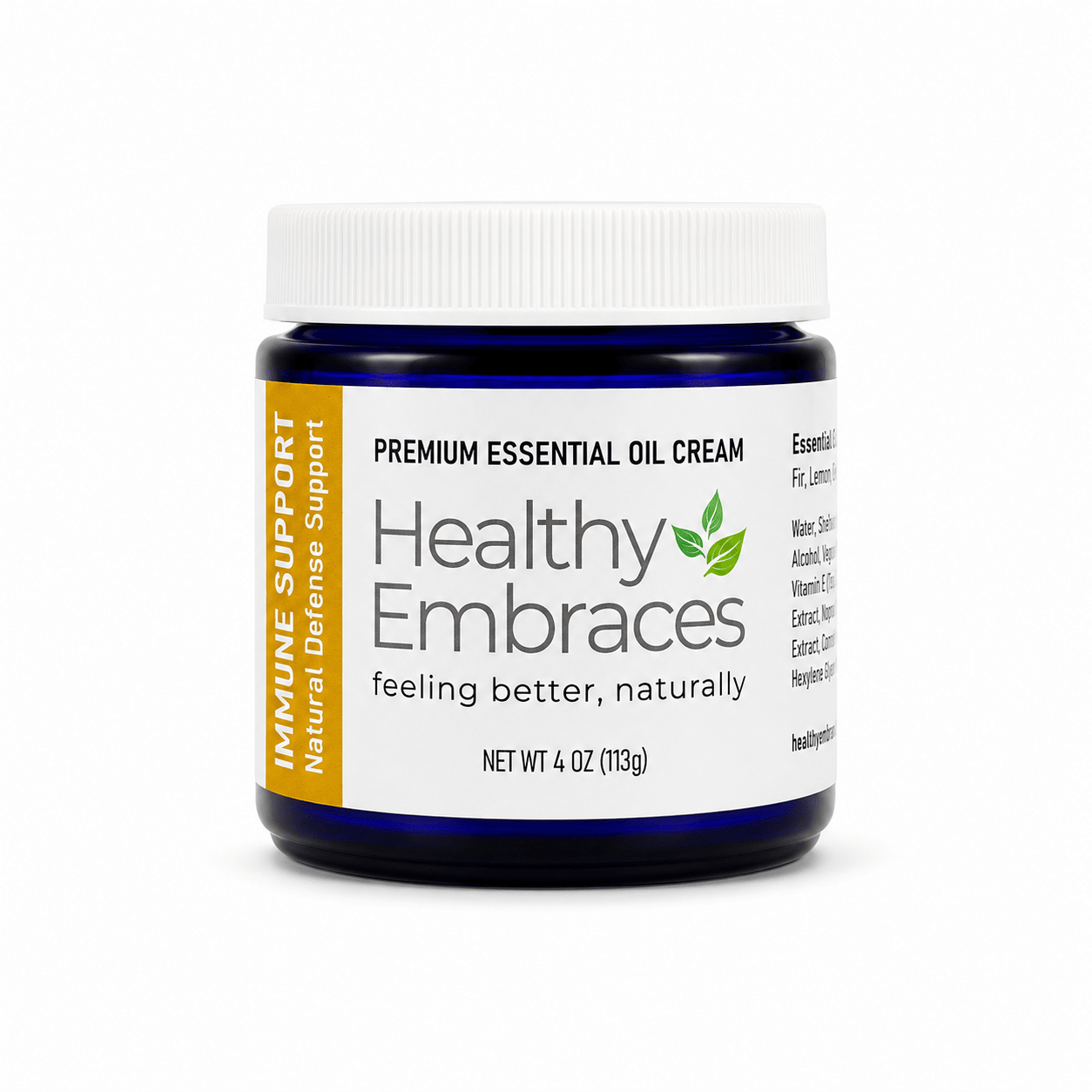 Healthy Embraces immune support cream in a small jar, showing the nourishing cream inside and the product label.