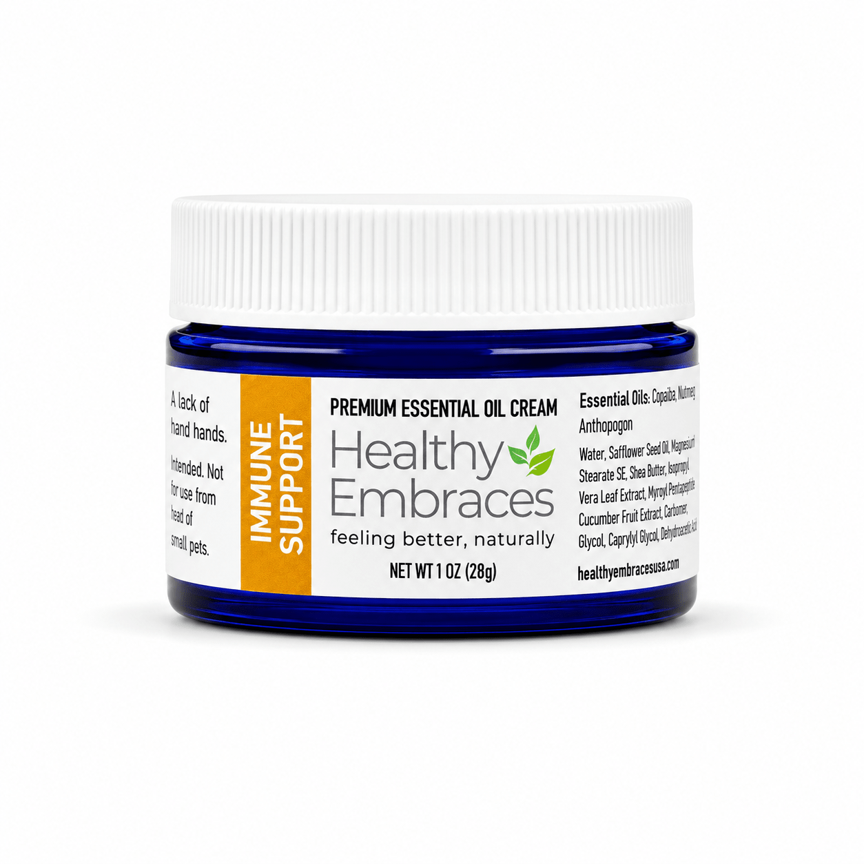 Healthy Embraces immune support cream in a small jar, showing the creamy texture and natural herbal ingredients.