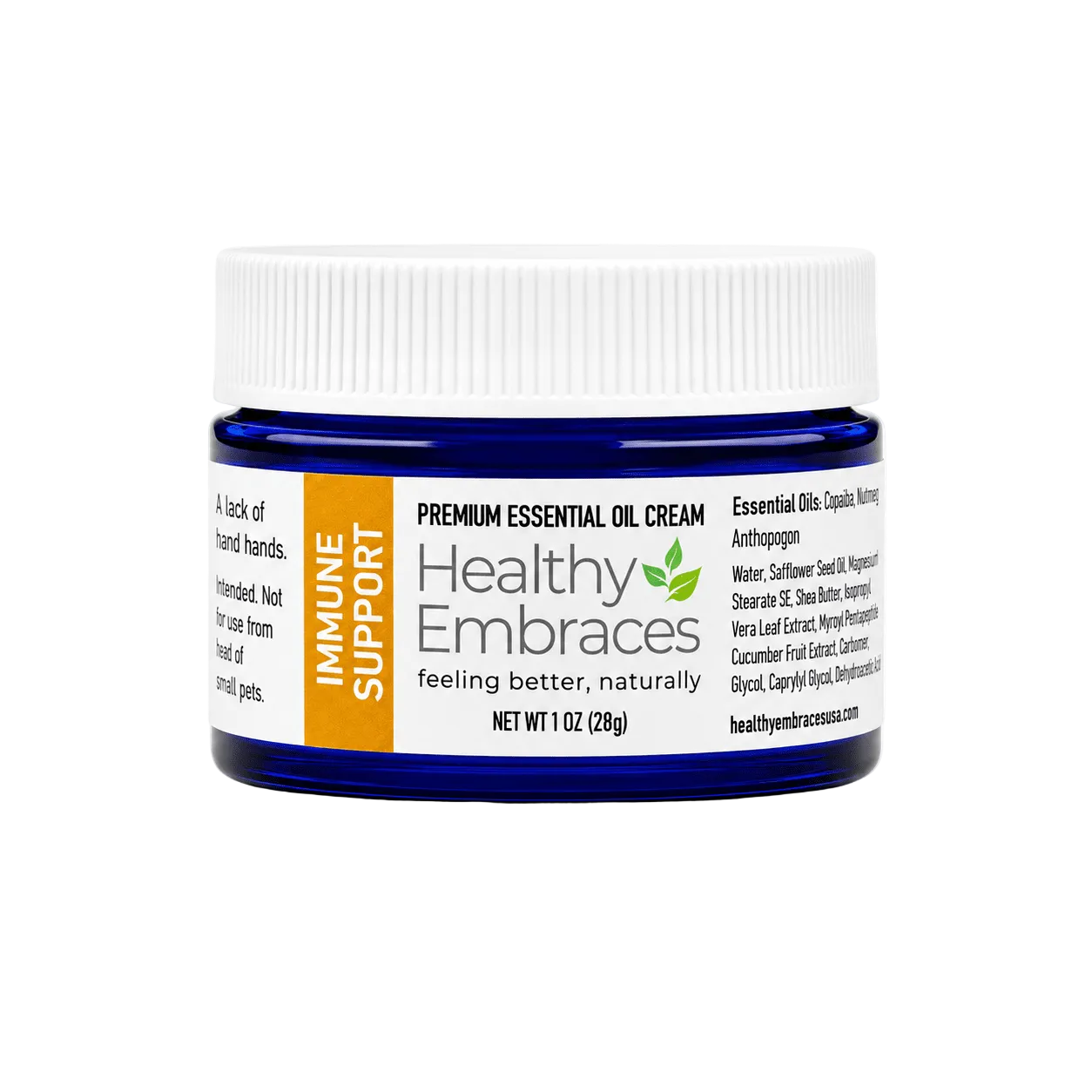 Healthy Embraces Immune Essential Oil Support Cream, creamy texture with herbal infusion for immune boosting.