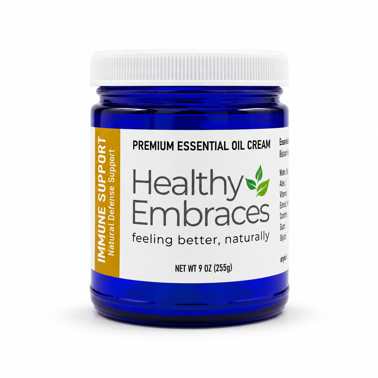 Healthy Embraces immune support cream in a small jar, showcasing its smooth, creamy texture and natural ingredients.