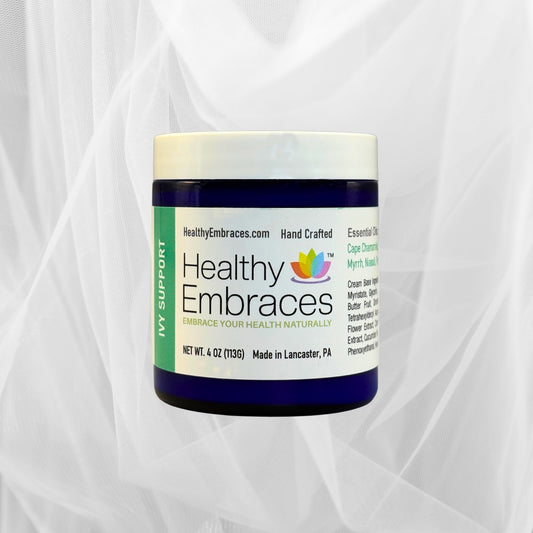 Healthy Embraces Ivy Support Cream jar, soothing skincare cream for plant-based relief, with green ivy leaves in the background.