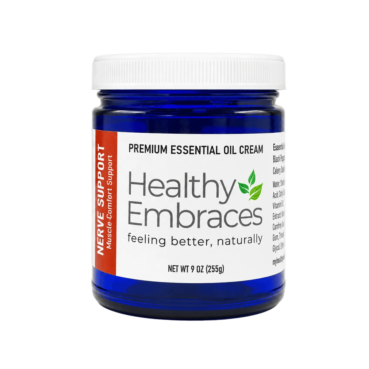 Natural nerve support cream in a blue jar for soothing sensitive areas and providing comfort.