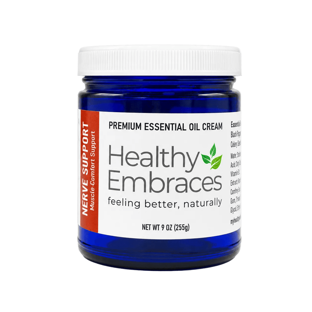 Healthy Embraces Nerve Support Cream in a 255g jar, natural essential oil formula for targeted comfort in sensitive areas.