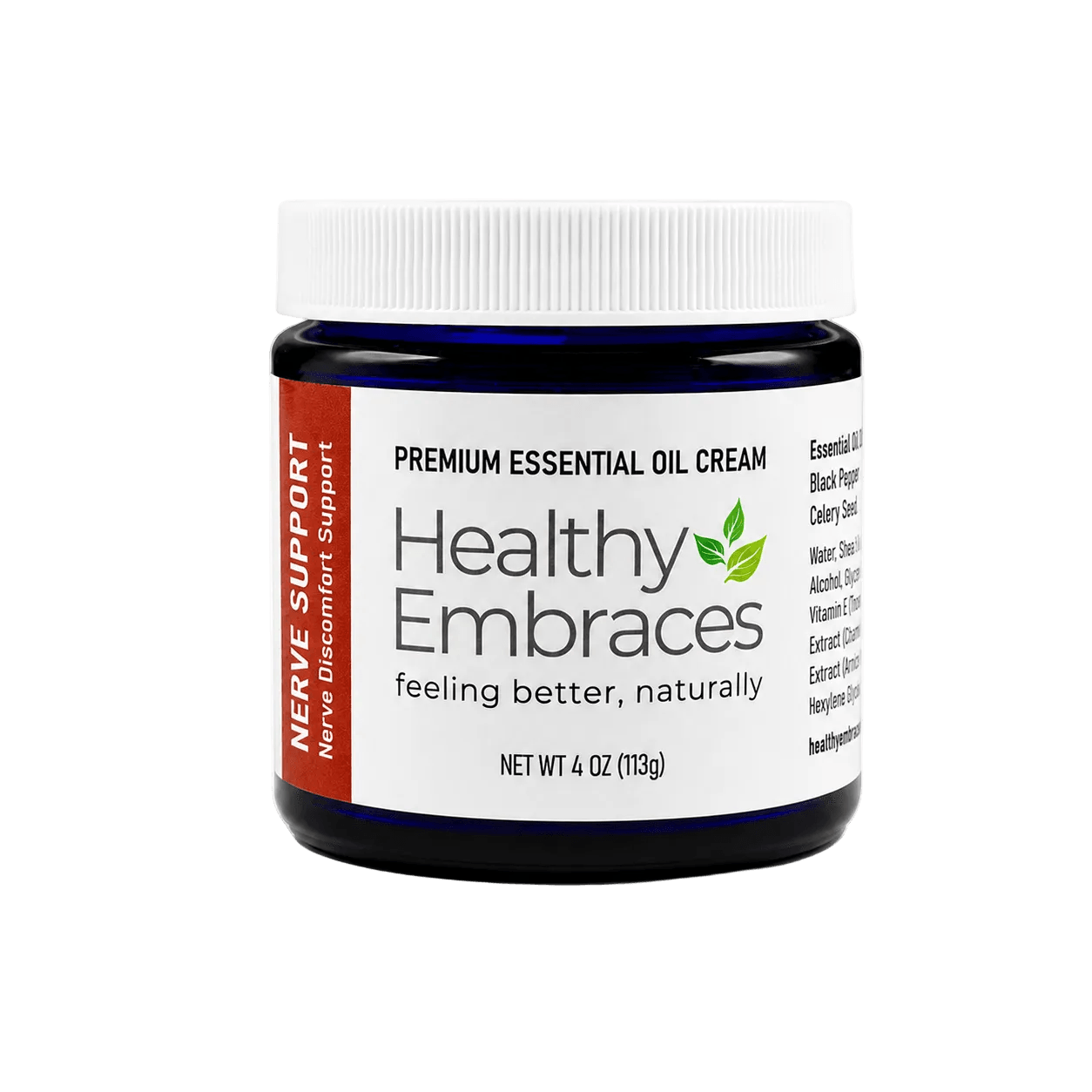 Natural nerve support cream jar for nerve support, featuring essential oils and botanical ingredients.
