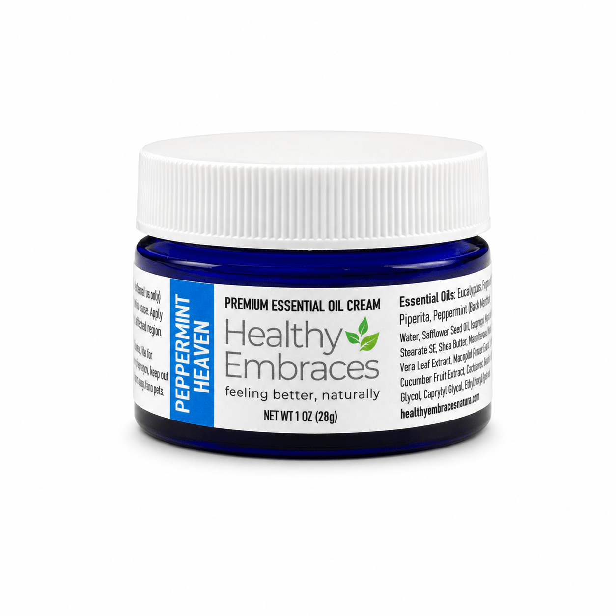 Healthy Embraces Peppermint Heaven Cream jar with a smooth, creamy texture and peppermint scent, ideal for soothing skin.