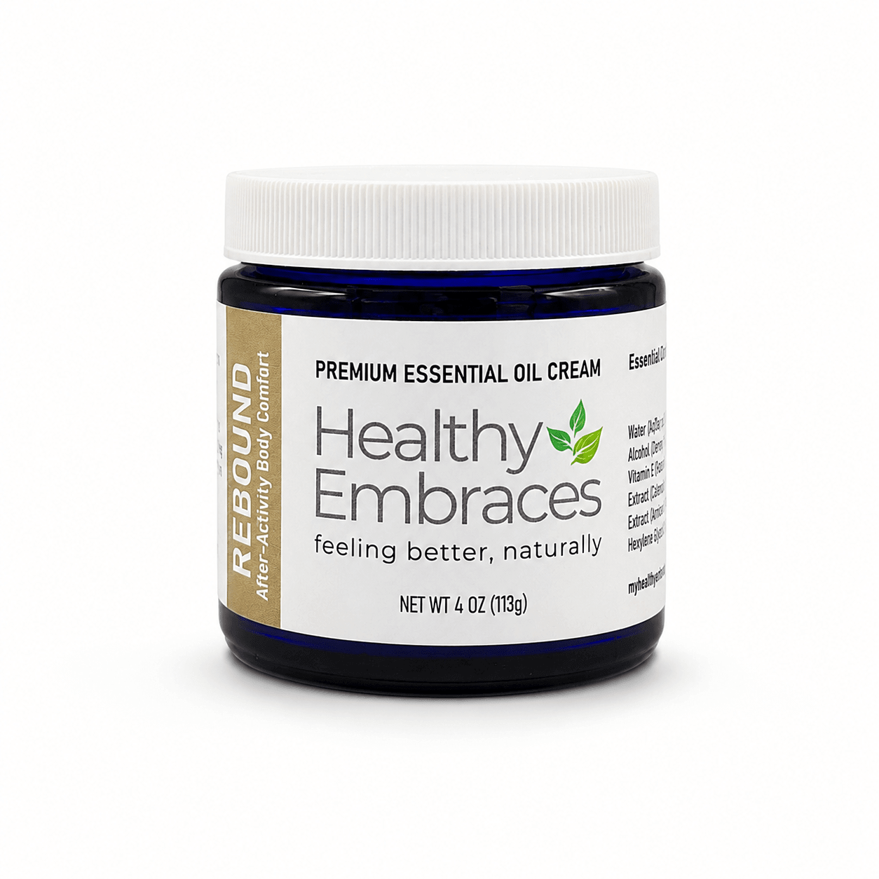 Healthy Embraces Rebound Cream in a 4oz jar, creamy texture with a smooth, soothing application for skin rejuvenation.