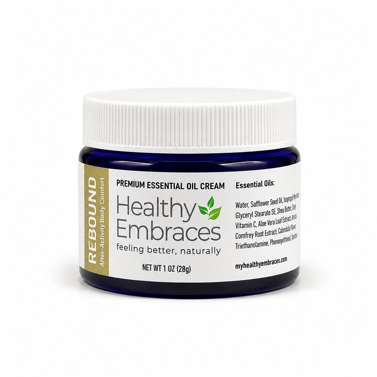 Healthy Embraces Rebound Cream in a 4oz jar, creamy texture, perfect for skin nourishment and hydration.