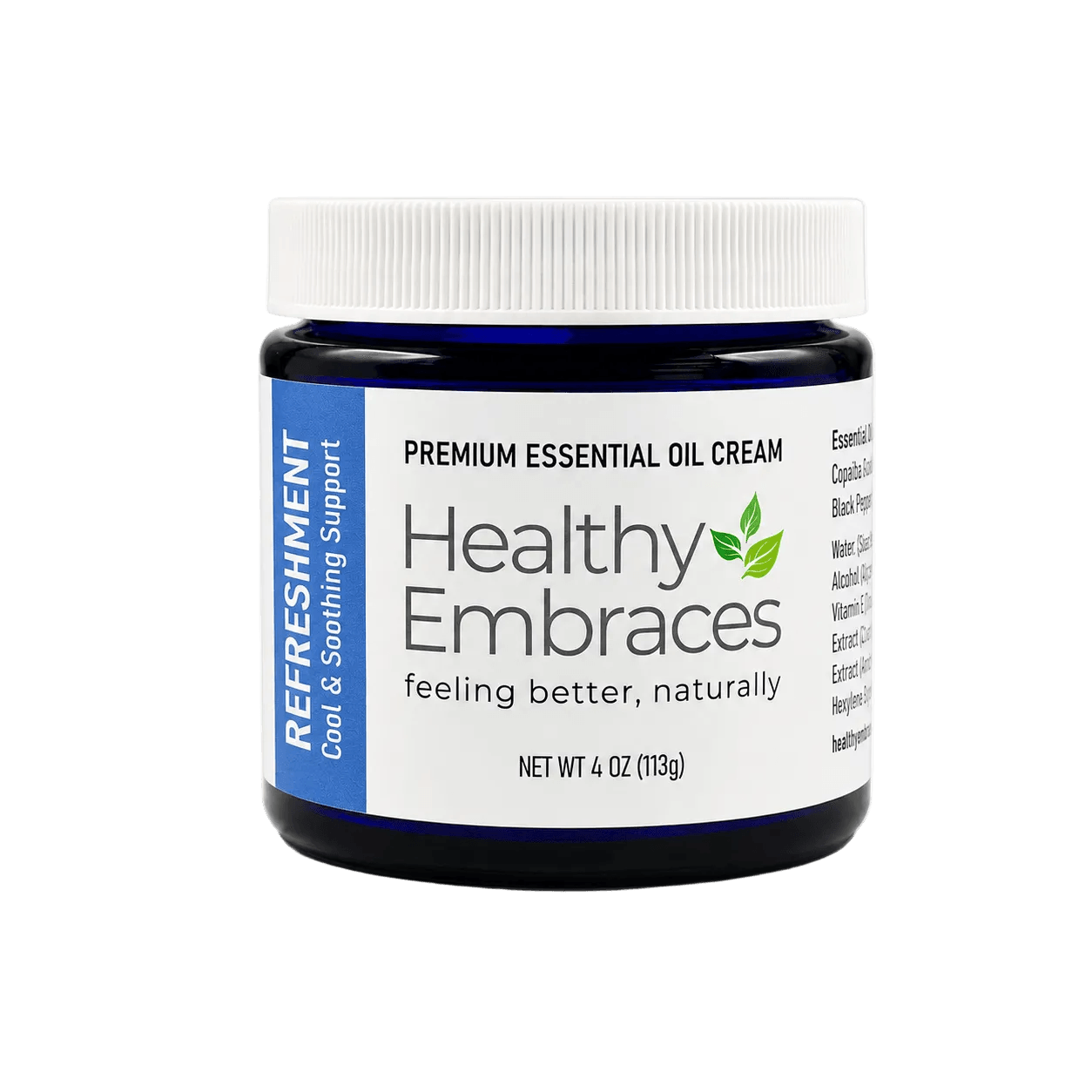 Refreshment Cream - Cooling Comfort for the skin, Healthy Embraces essential oil cream in a 4 oz jar.