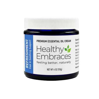 Refreshment Cream - Cooling Comfort for the skin, Healthy Embraces essential oil cream in a 4 oz jar.