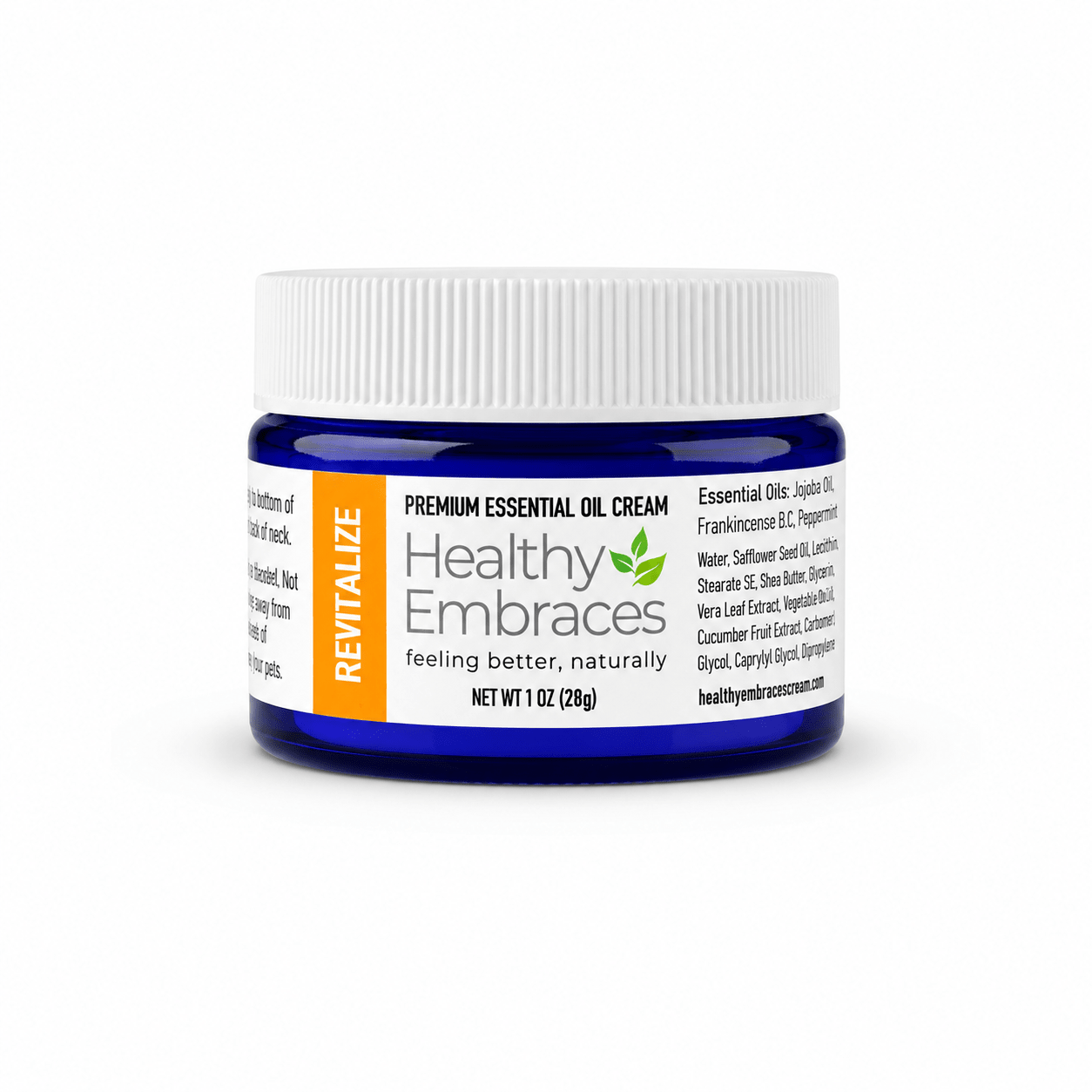 Healthy Embraces Revitalize Cream jar showing smooth, white cream in a clear container for skin rejuvenation.