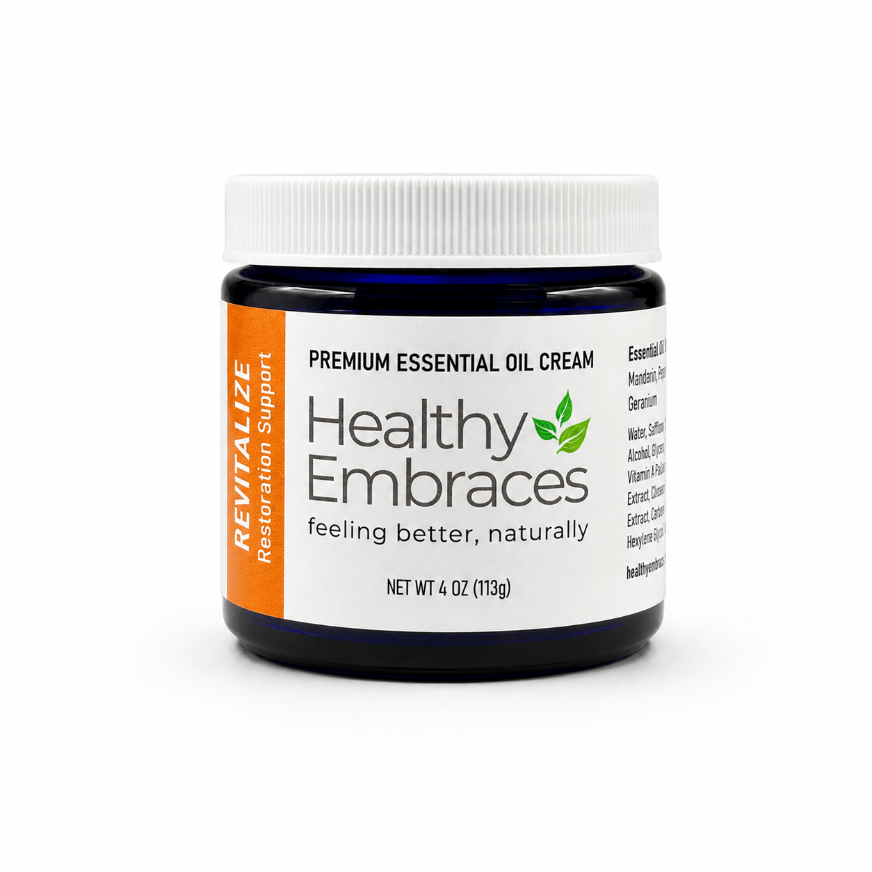 Healthy Embraces Revitalize Cream jar showing smooth, white cream inside a sleek container for revitalizing skin.
