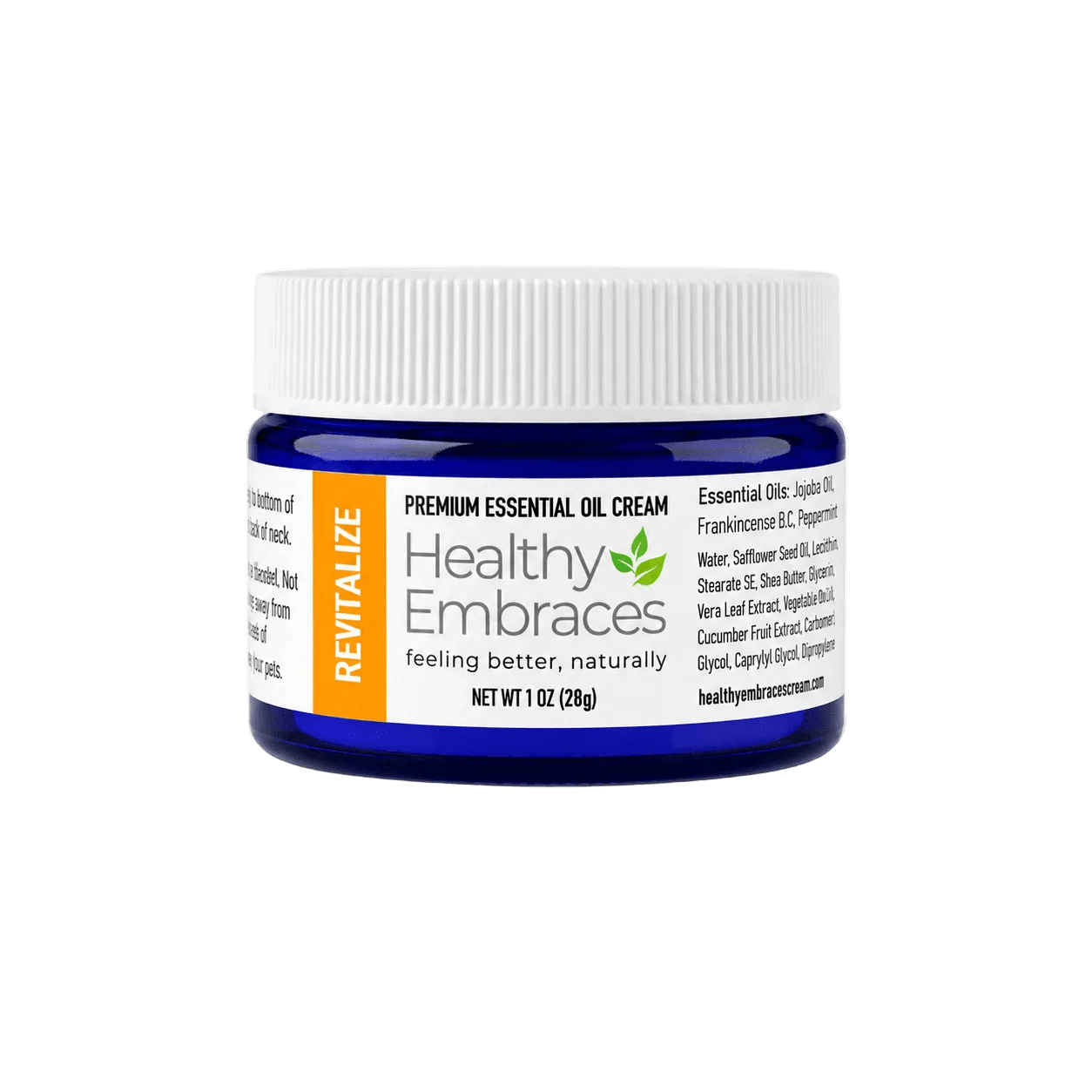 Healthy Embraces Revitalize Essential Oil Recovery Cream in a jar, designed for active lifestyles and natural skin renewal.