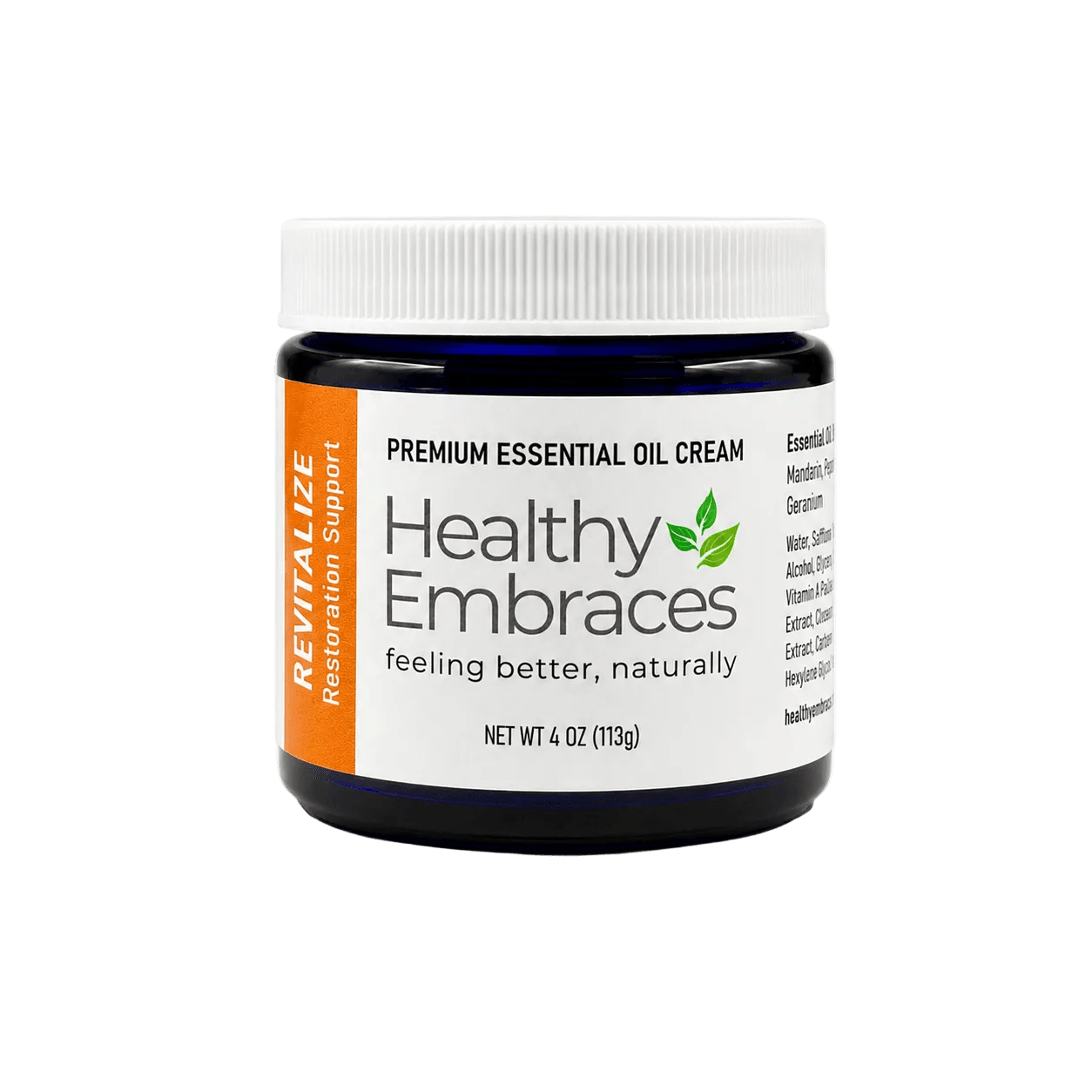 Healthy Embraces Revitalize Essential Oil Recovery Cream in a jar, designed for active lifestyles to refresh and support renewal.