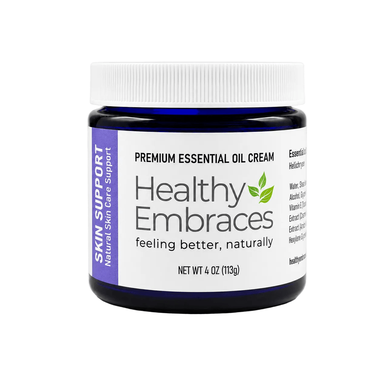 Healthy Embraces Skin Support Cream in a 4oz jar, showing the smooth, nourishing cream suitable for skin health.