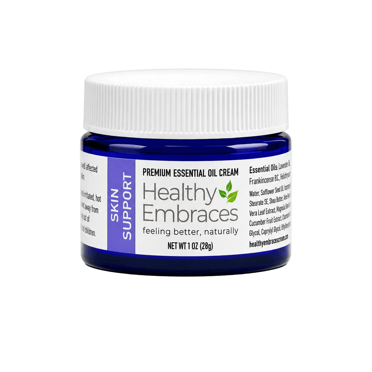 Healthy Embraces Skin Support Cream in a 4oz jar, featuring a smooth, creamy texture for skin nourishment and support.