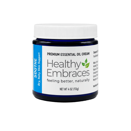 Healthy Embraces Soothe Cream for dry, stressed skin with essential oils, providing gentle hydration and skin relief.