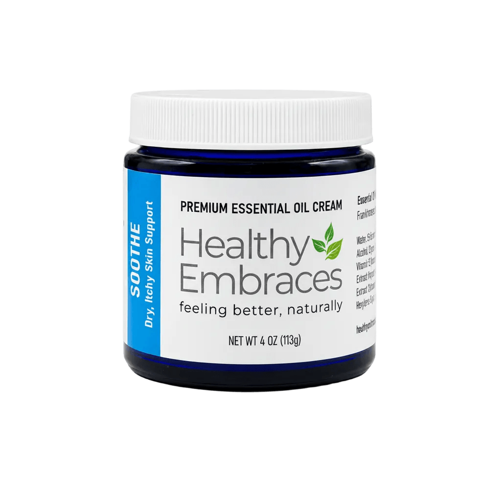 Soothe Cream for Dry Stressed Skin in a 4oz jar by Healthy Embraces, promoting hydration and comfort for irritated skin.
