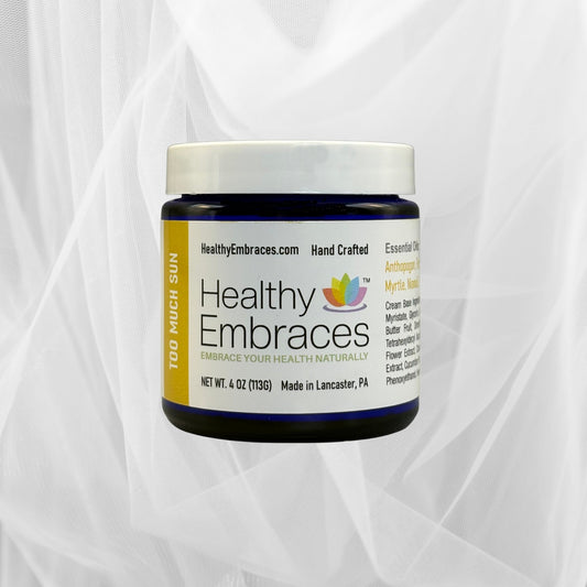 Healthy Embraces Too Much Sun Cream in a jar, creamy sunscreen product with SPF, suitable for sun protection and skincare.