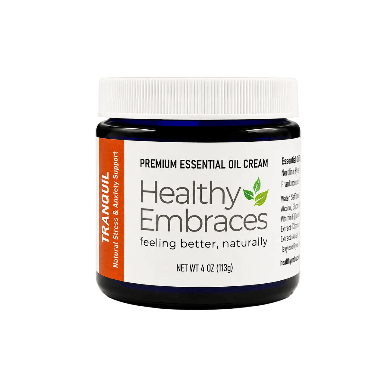 Tranquil Calming Cream jar with essential oil for stress relief and emotional support, designed for everyday use.